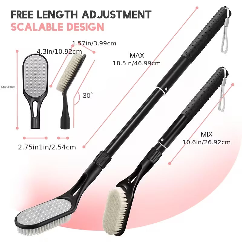 Adjustable scrub brush with a long black handle, dual brush heads, and overlaid dimension labels showing maximum length, mix length, and head measurements on a white background.