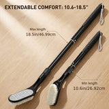 Black extendable cleaning brush with adjustable length handles and two brush heads, shown on a light wood background with text indicating min and max length.