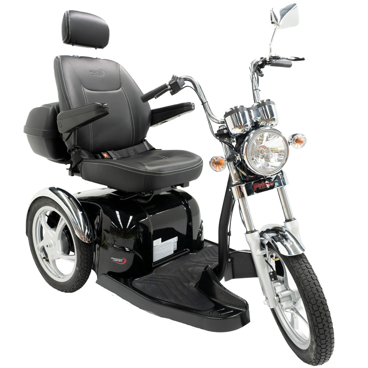 A black three-wheeled Pride Sport Rider mobility scooter with a padded seat, headrest, side storage box, and chrome front fork and headlight, shown on a plain white background.