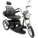 A black three-wheeled Pride Sport Rider mobility scooter with a padded seat, headrest, side storage box, and chrome front fork and headlight, shown on a plain white background.