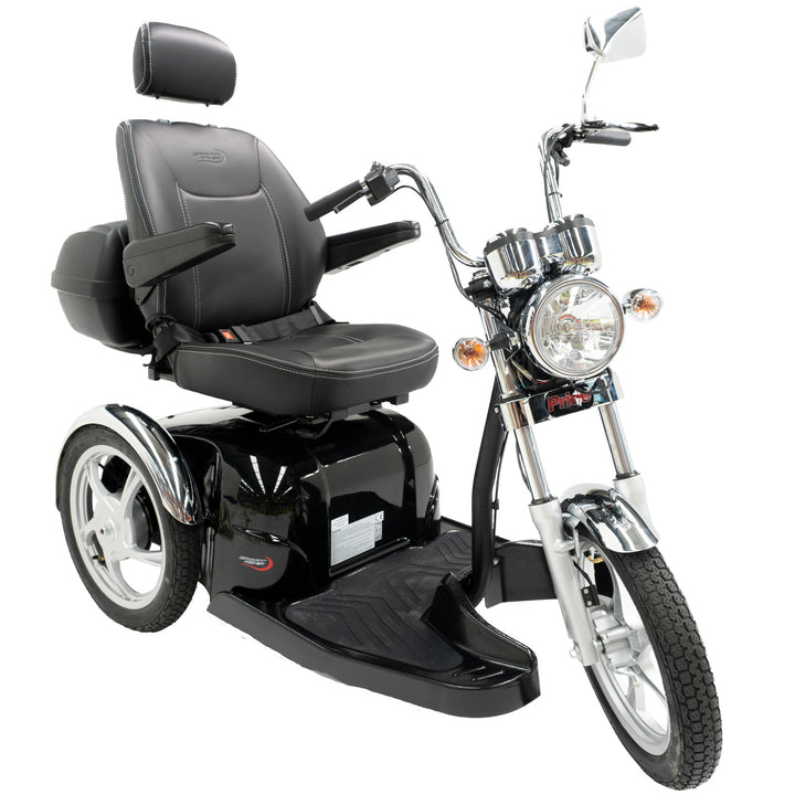 A black three-wheeled Pride Sport Rider mobility scooter with a padded seat, headrest, side storage box, and chrome front fork and headlight, shown on a plain white background.