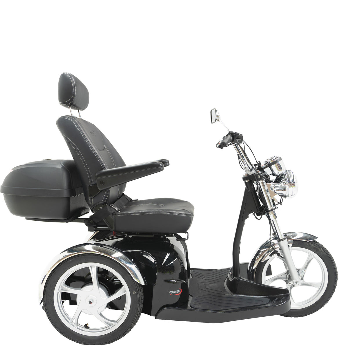 A black three-wheeled Pride Sport Rider mobility scooter with a high backrest seat, armrests, a storage trunk, and chrome accents, shown against a plain white background.