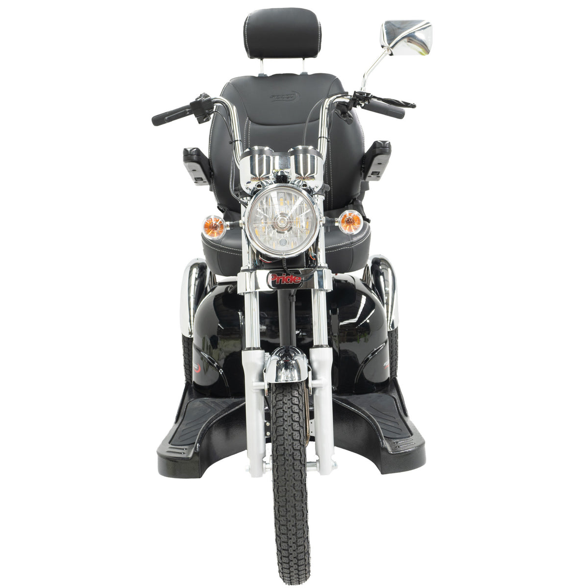 A black and silver three-wheeled Pride Sport Rider, front round headlight, side mirrors, and front suspension forks, photographed against a solid white background.