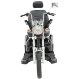 A black and silver three-wheeled Pride Sport Rider, front round headlight, side mirrors, and front suspension forks, photographed against a solid white background.