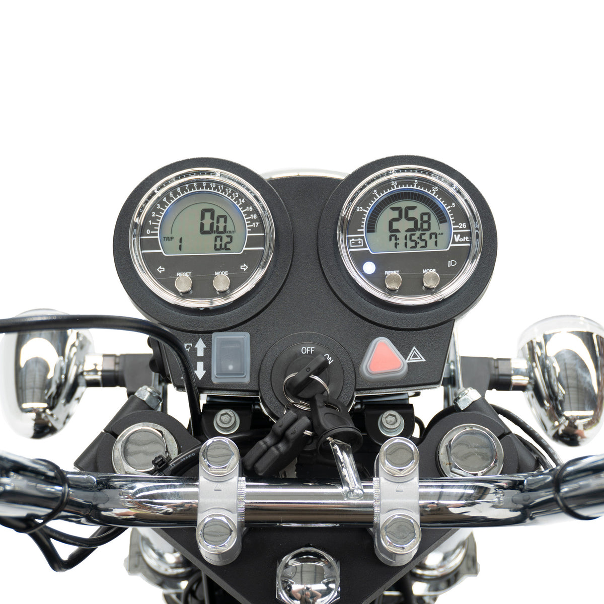 Close-up of a Pride Sport Rider dashboard with two round digital instrument gauges, chrome handlebars, and mirrors on a white background.