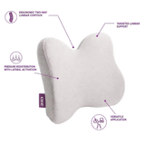 A light gray  icare Reform Low Back Support pillow on a white background with purple callout lines and text highlighting its ergonomic two-way lumbar contour, targeted lumbar support, pressure redistribution with lateral activation, and versatile application.