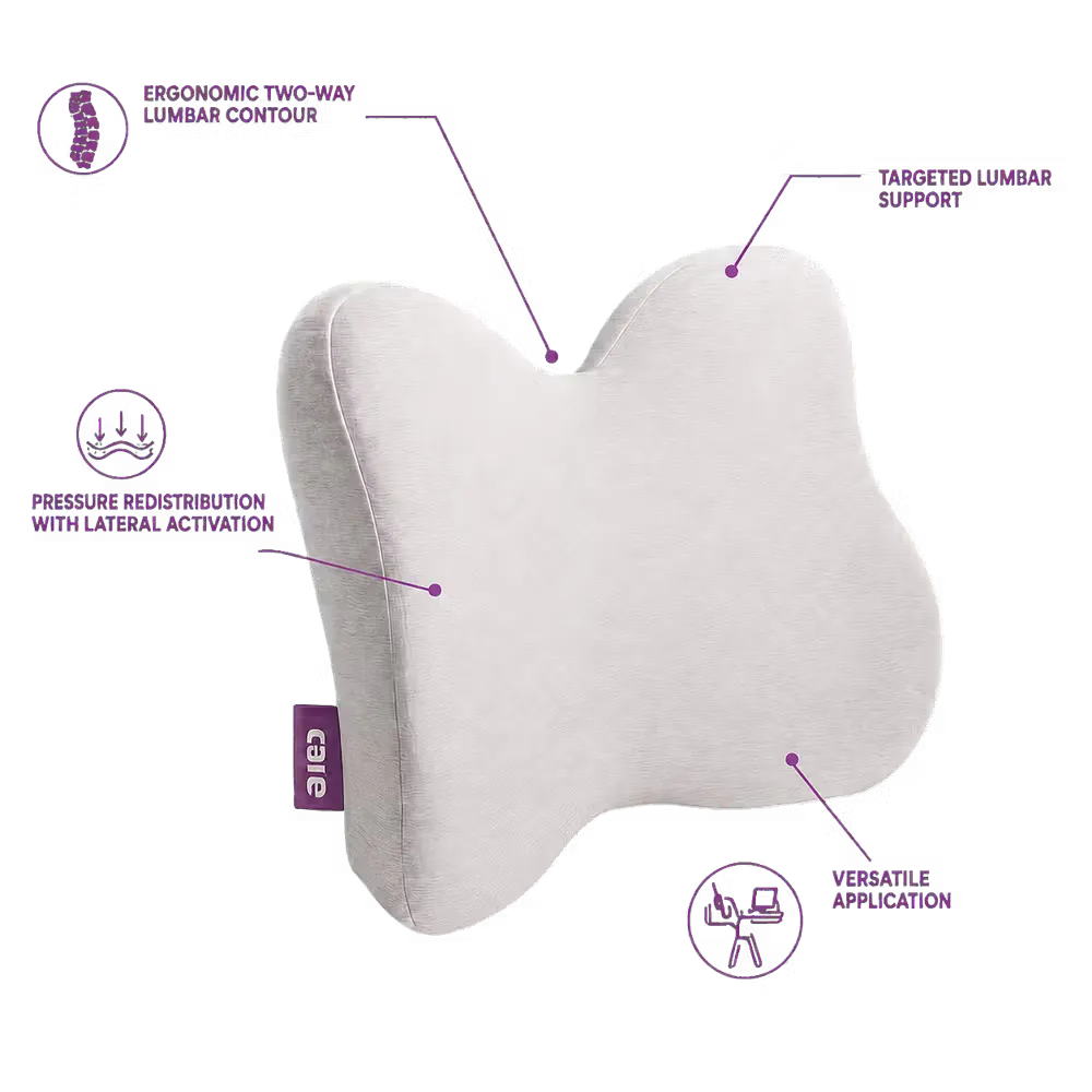 A light gray  icare Reform Low Back Support pillow on a white background with purple callout lines and text highlighting its ergonomic two-way lumbar contour, targeted lumbar support, pressure redistribution with lateral activation, and versatile application.
