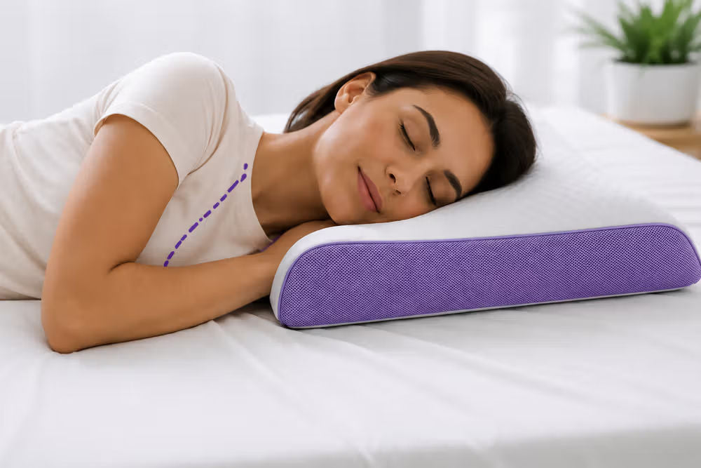 A woman sleeping peacefully on a white bed, resting her head on a purple and white icare Curve Pillow.