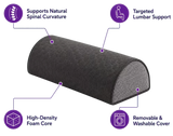 A charcoal icare Supporta half Lumbar Roll, shown on a white background with purple callout icons and text highlighting features like natural spinal support, targeted lumbar support, high-density foam core, and removable washable cover.