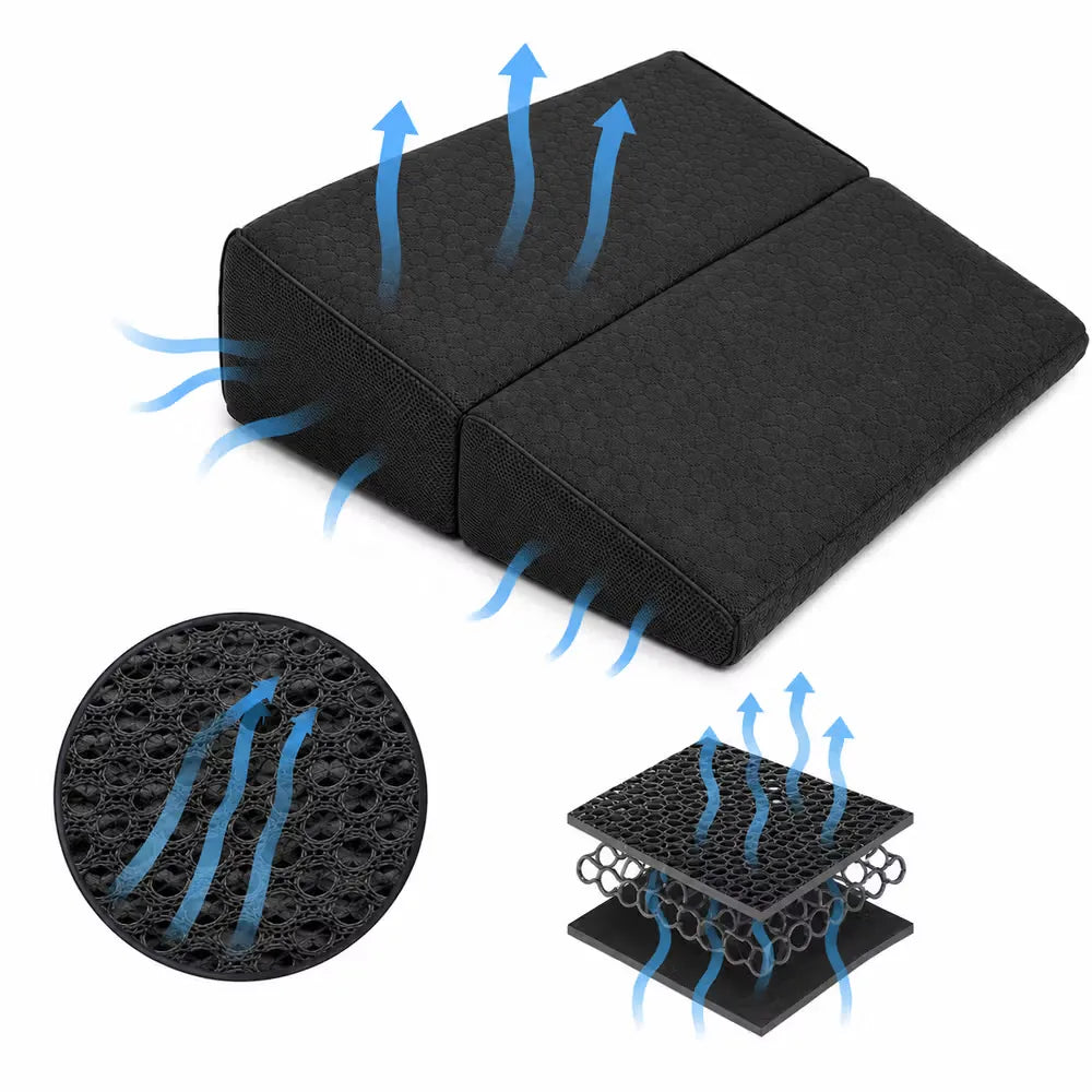 Charcoal icare Supporta Bed Wedge with blue airflow arrows showing ventilation, plus a circular close-up of the porous texture and a cross-section diagram of the breathable structure on a white background.
