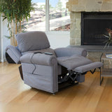 Theorem Studio Power Lift Recliner Chair Smoke in a living room with a fireplace and large windows.