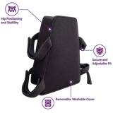 Charcoal icare Supporta Hip Abductor Cushion shown on a white background with purple callout lines and text highlighting features: hip positioning and stability, secure and adjustable fit, and removable washable cover.