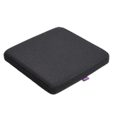 A charcoal 5cm icare Supporta Seat Cushion or seat pad with a small purple tag on the side, photographed on a clean light gray background.