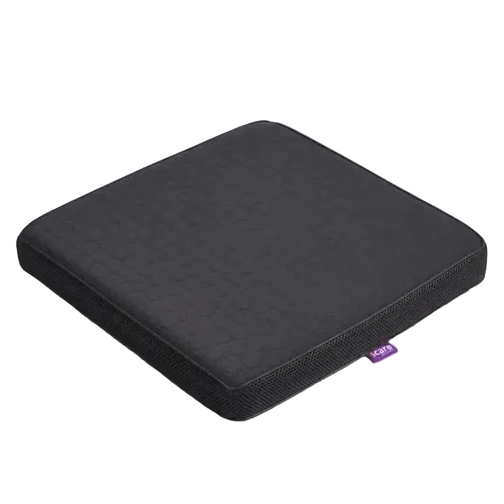 A charcoal 5cm icare Supporta Seat Cushion or seat pad with a small purple tag on the side, photographed on a clean light gray background.