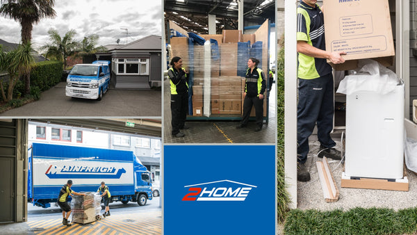 Collage of Mainfreight 2Home including a truck, workers with boxes, and a branded logo.