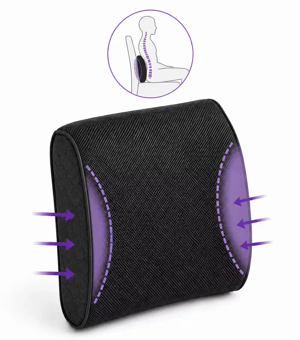 icare Supporta Back Cushion with purple stitched details and purple arrows indicating support, shown on a white background with a small circular diagram at the top illustrating back support.