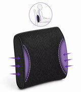 icare Supporta Back Cushion with purple stitched details and purple arrows indicating support, shown on a white background with a small circular diagram at the top illustrating back support.