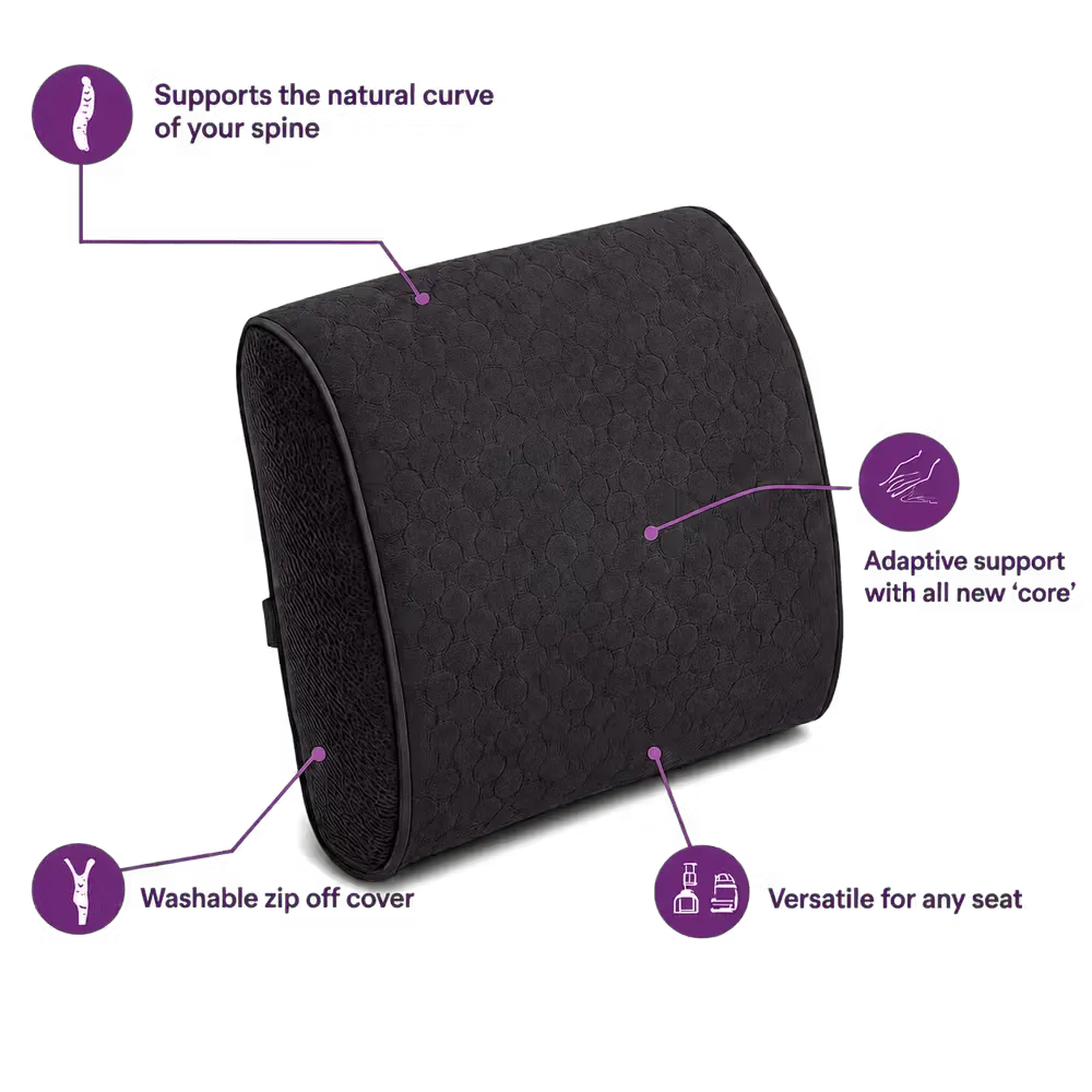 icare Supporta Back Cushion with purple callout lines and text highlighting features like spine support, adaptive support, washable zip off cover, and versatility for any seat, on a white background.