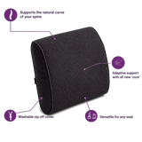 icare Supporta Back Cushion with purple callout lines and text highlighting features like spine support, adaptive support, washable zip off cover, and versatility for any seat, on a white background.