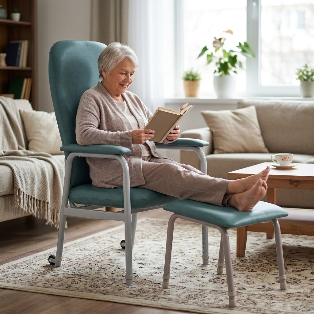 An elderly woman sits in a teal Viking Rehab Chair with a matching Viking Adjustable Legrest in a bright living room, reading a book. The chair has light gray metal legs and armrests, and the room includes a sofa, coffee table, rug, and window.