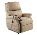 Beige lift chair with remote control on a white background
