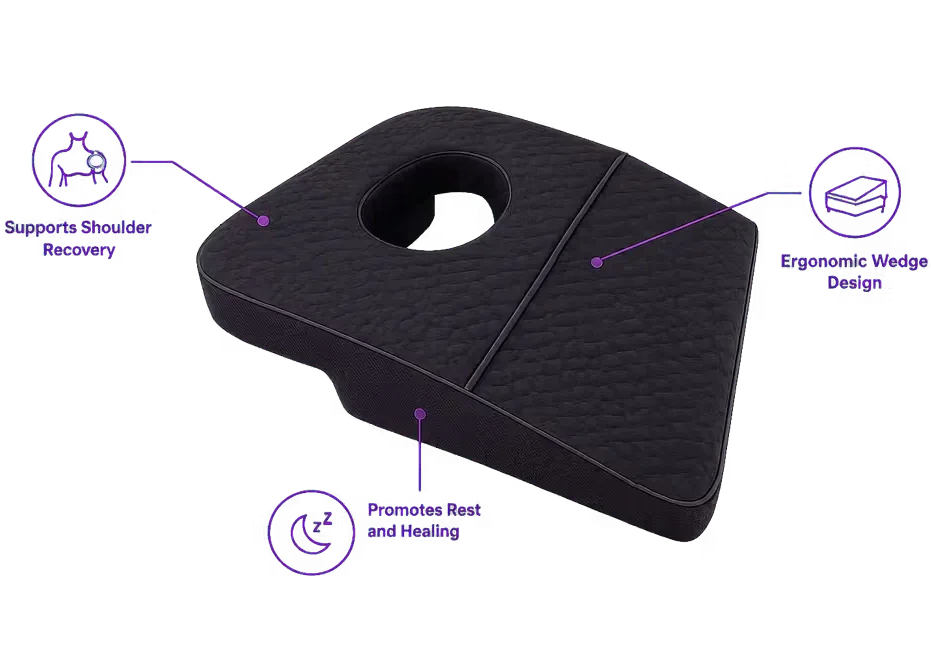 charcoal icare Supporta Rotator Cuff Recovery Pillow with a central cutout, shown on a white background with purple callout icons and text highlighting features such as shoulder recovery support, ergonomic wedge design, and promoting rest and healing.