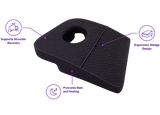 charcoal icare Supporta Rotator Cuff Recovery Pillow with a central cutout, shown on a white background with purple callout icons and text highlighting features such as shoulder recovery support, ergonomic wedge design, and promoting rest and healing.