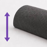 A close-up of a charcoal icare Supporta half Lumbar Roll, likely a rolled mat or cushion, shown on a light gray background with a purple double-arrow graphic indicating height or thickness.
