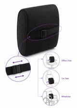 Charcoal icare Supporta Back Cushion with an adjustable strap, shown on a white background with zoomed-in inset circles and usage examples on office chair, car seat, and wheelchair.