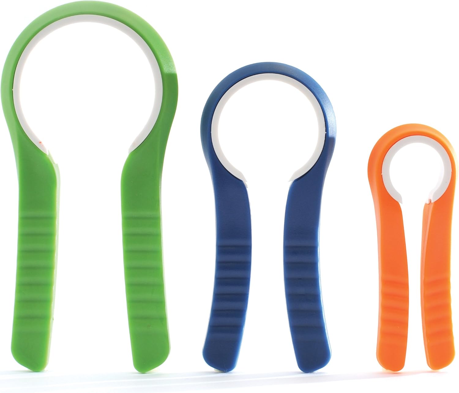 Three bottle openers in green, blue, and orange on a white background