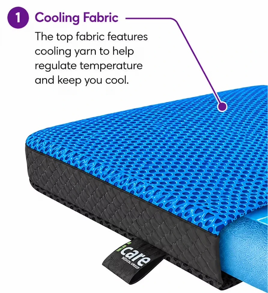 Close-up of a blue cooling-textured icare Supporta ThermoPad Seat cushion with a black side edge and a small tag reading 'late night sleep', shown on a white background with explanatory text about cooling fabric.