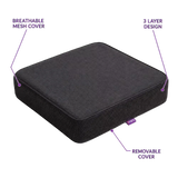 A charcoal icare Supporta Bariatric Seat Cushion shown on a white background with purple callout lines and text labeling features: breathable mesh cover, 3 layer design, and removable cover.