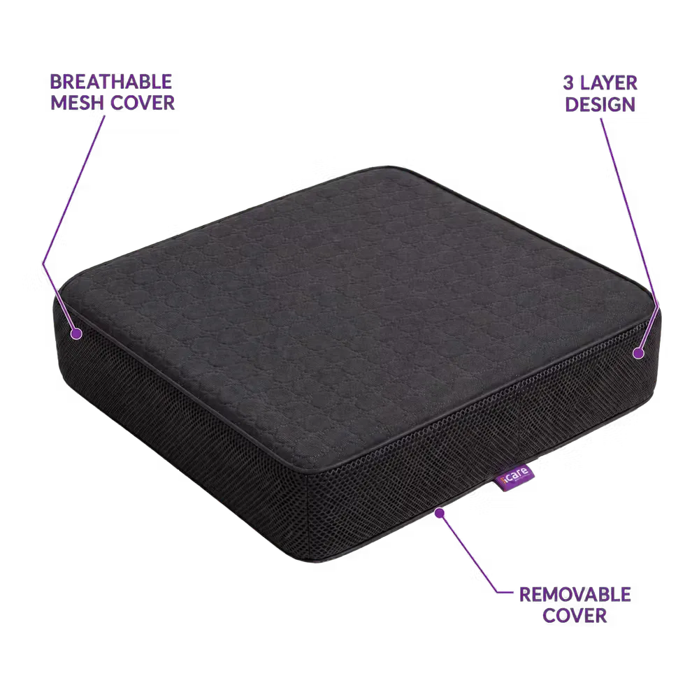 A charcoal icare Supporta Bariatric Seat Cushion shown on a white background with purple callout lines and text labeling features: breathable mesh cover, 3 layer design, and removable cover.