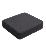 A charcoal 10cm icare Supporta Seat Cushion with a quilted top surface and a small purple tag, shown on a light gray studio background.