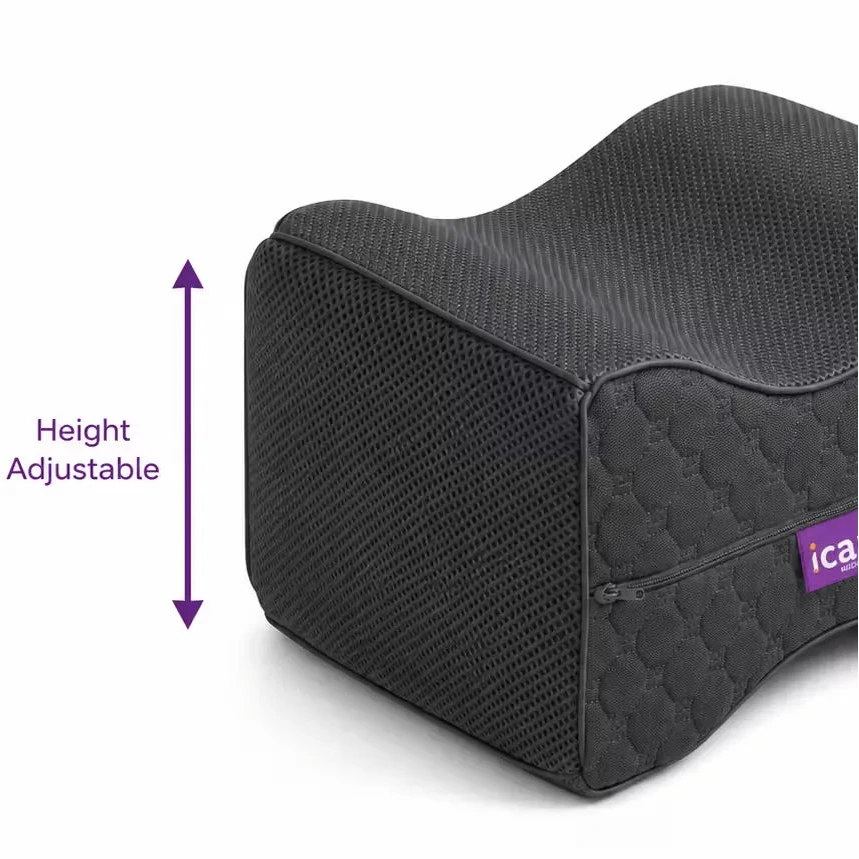 Adjustable charcoal icare Supporta Knee Cushion with a purple height indicator arrow and text on a white background.