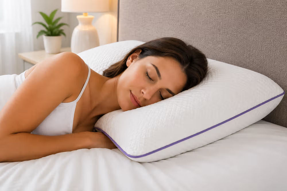 A woman sleeping peacefully on a white icare Cloud Pillow with a purple edge trim on a bed in a softly lit bedroom.