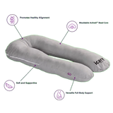 Gray icare Supporta Body Pillow with callout lines and icons highlighting features like promotes healthy alignment, mouldable ActiveX Bead Core, soft and supportive, and versatile full-body support. The brand name 'icare' is visible on the side of the pillow.