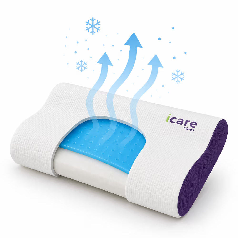 An icare Contour cooling pillow shown on a white background with blue arrows and snowflake graphics indicating airflow and cooling. The pillow features a white textured cover, a blue cooling gel layer, and a purple side accent.