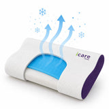 An icare Contour cooling pillow shown on a white background with blue arrows and snowflake graphics indicating airflow and cooling. The pillow features a white textured cover, a blue cooling gel layer, and a purple side accent.