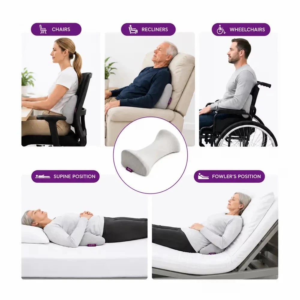 A collage showing a icare Reform Lumbar Support pillow in the center, with four example scenes around it: a woman sitting in a chair, an older man reclining in an armchair, a man in a wheelchair, and a woman lying on a mattress in different positions. Purple labels identify the positions: Chairs, Reclines, Wheelchairs, Supine Position, and Fowler's Position.