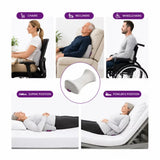 A collage showing a icare Reform Lumbar Support pillow in the center, with four example scenes around it: a woman sitting in a chair, an older man reclining in an armchair, a man in a wheelchair, and a woman lying on a mattress in different positions. Purple labels identify the positions: Chairs, Reclines, Wheelchairs, Supine Position, and Fowler's Position.