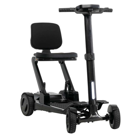 Pride GoGo Carbon Folding Travel Scooter Black front quarter view