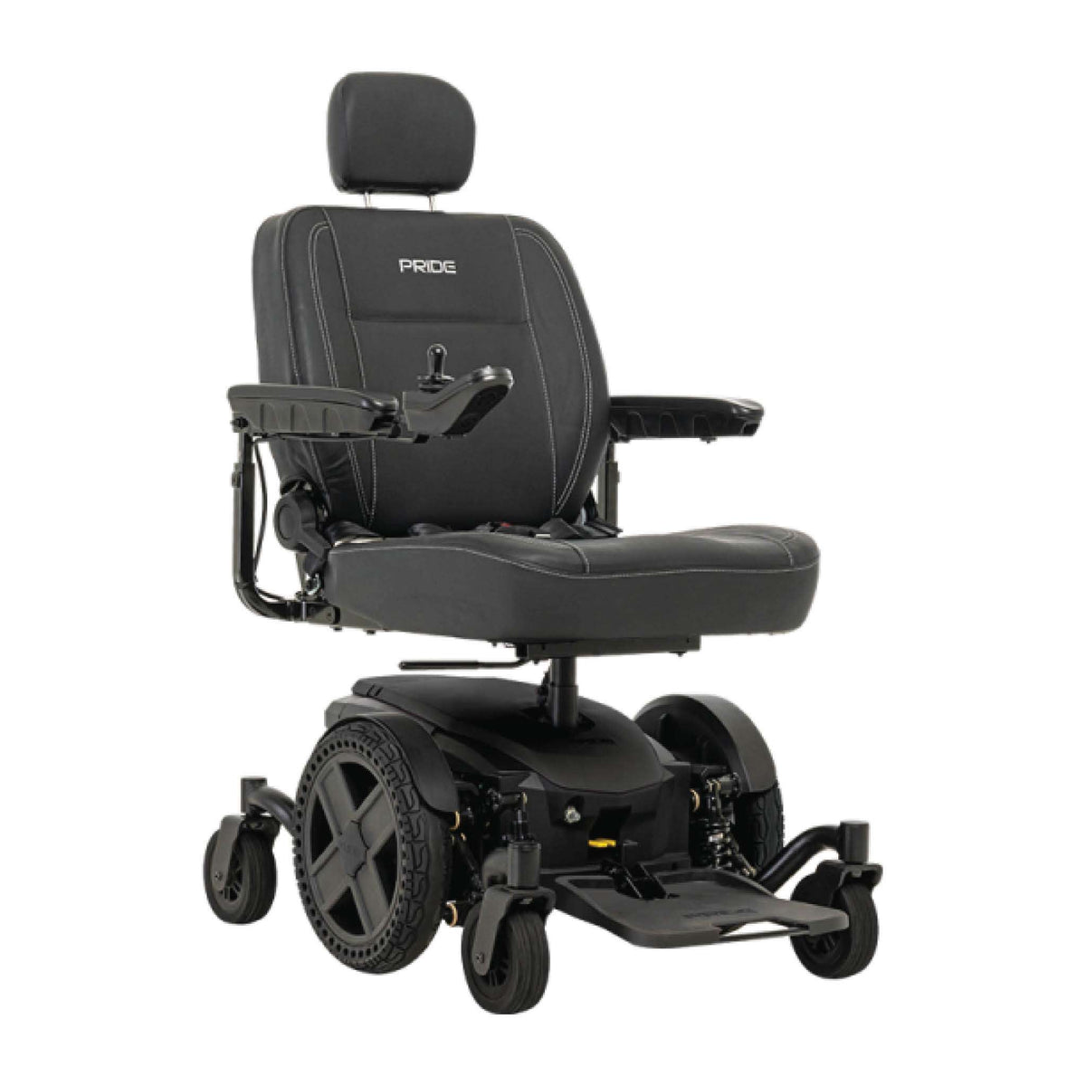 A Pride Mobility Jazzy EVO 614 HD Powerchair with a padded seat, headrest, armrests, and four wheels, photographed on a clean white background. The backrest shows the brand name PRODS.
