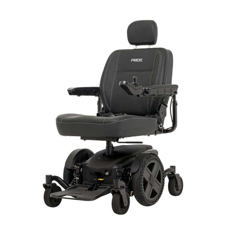 A Pride Mobility Jazzy EVO 614 HD Powerchair with a padded seat, headrest, armrests, and front caster wheels, photographed on a clean white background. The backrest shows the brand name 'PRIDE'.