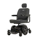 A Pride Mobility Jazzy EVO 614 HD Powerchair with a padded seat, headrest, armrests, and front caster wheels, photographed on a clean white background. The backrest shows the brand name 'PRIDE'.
