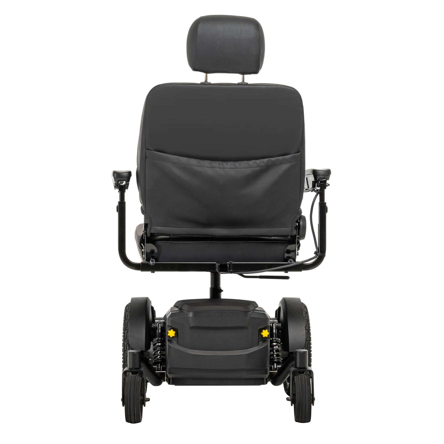A Pride Mobility Jazzy EVO 614 HD Powerchair shown from the rear, featuring a padded backrest with an integrated headrest, side armrests with controls, and a large rear wheel assembly with smaller caster wheels, isolated on a white background.