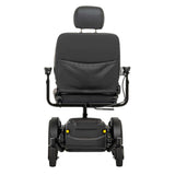 A Pride Mobility Jazzy EVO 614 HD Powerchair shown from the rear, featuring a padded backrest with an integrated headrest, side armrests with controls, and a large rear wheel assembly with smaller caster wheels, isolated on a white background.
