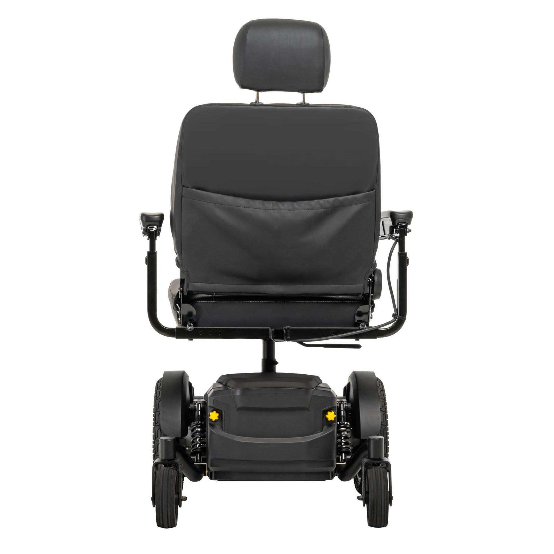 A Pride Mobility Jazzy EVO 614 HD Powerchair shown from the rear, featuring a padded backrest with an integrated headrest, side armrests with controls, and a large rear wheel assembly with smaller caster wheels, isolated on a white background.