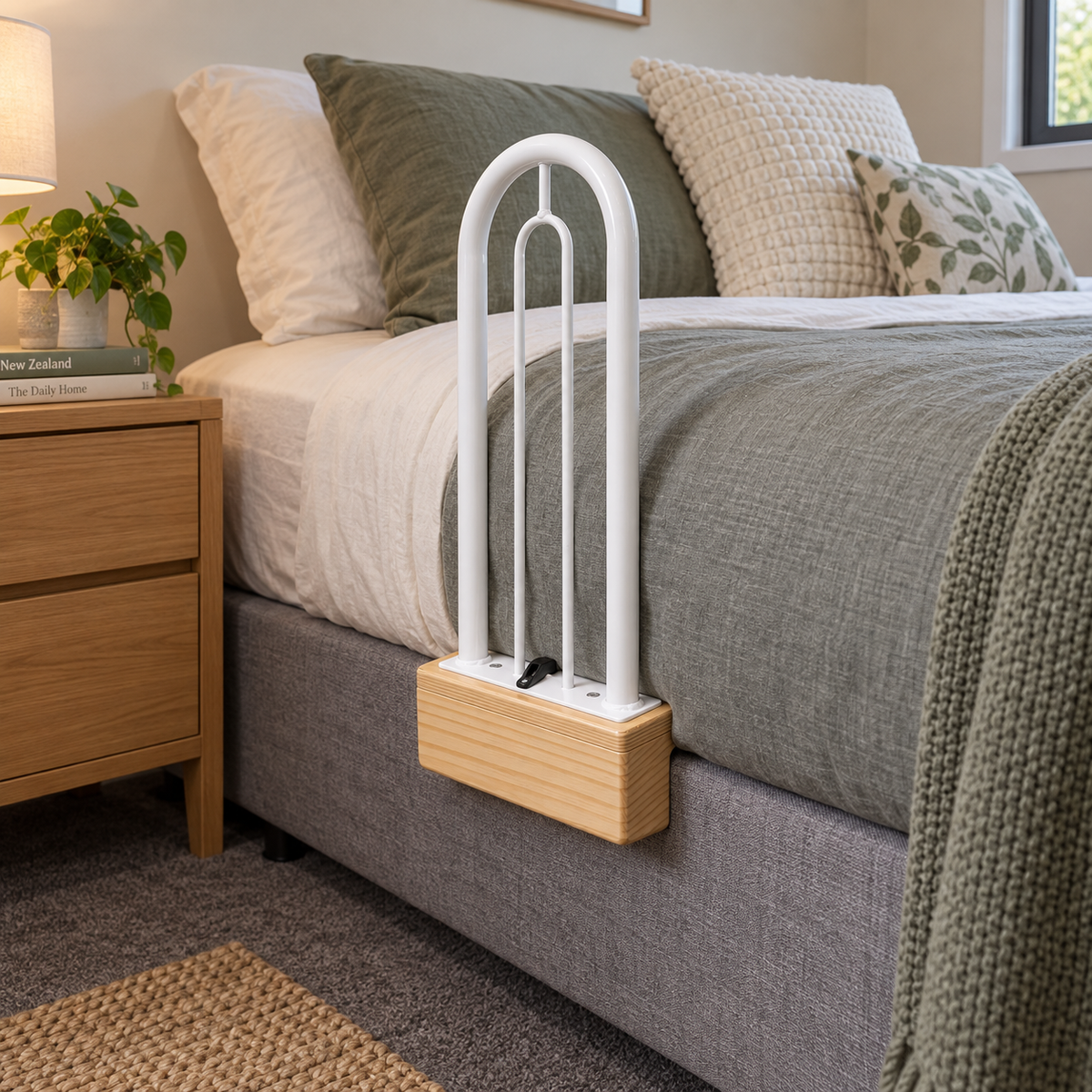 Tas-Tech Bed Lever with Cord & Cleat on bed in bedroom