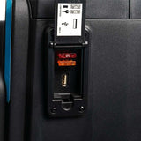 Close-up of a power outlet and USB ports on a Pride Mobility Celebrity MFP Mobility Scooter